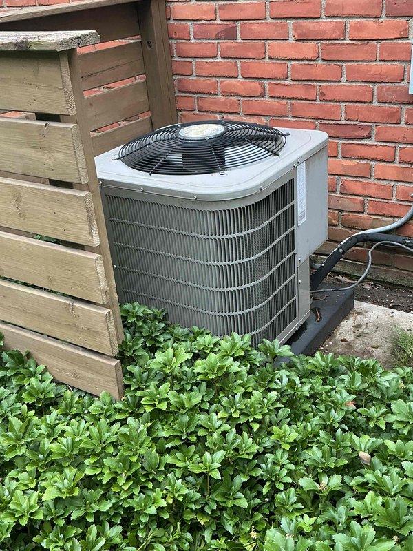 Completed comprehensive Gold AC Inspection on residential property with two Bryant condensing units, both over 10 years old, with air handler located in basement. Performed thorough visual inspection of both outdoor condensing units positioned on concrete pads in backyard area. Units were operational at time of service. Inspected condenser coils, fan assemblies, cabinet condition, and electrical disconnect boxes. Verified proper clearance around equipment and assessed overall system condition. Documented equipment condition through photographic records showing units mounted on concrete pads with adequate drainage, proper installation against brick wall structure, and maintained clearances from surrounding vegetation and fencing. Both systems showed normal operational wear consistent with age, with minor surface soiling present on exterior cabinets. All safety components including fan guards were intact and properly secured.