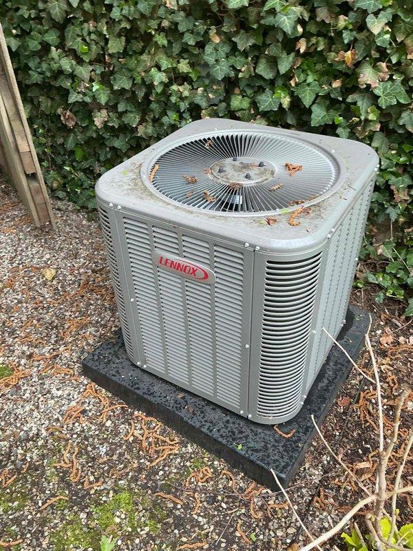 Completed comprehensive Gold AC Inspection and preventative maintenance on a 10-year-old Lennox condensing unit located in backyard installation. Performed full system tune-up including cleaning of condenser coils, removal of accumulated debris and organic matter from unit exterior and top surface, inspection of fan motor and blade assembly, verification of refrigerant levels and pressures, testing of electrical connections and capacitor function, and assessment of overall system performance. Unit showed typical weathering and surface oxidation consistent with age and outdoor exposure but operated within normal parameters. Cleared vegetation and leaf debris from surrounding area to ensure proper airflow and recommended ongoing seasonal maintenance to maximize system efficiency and longevity.