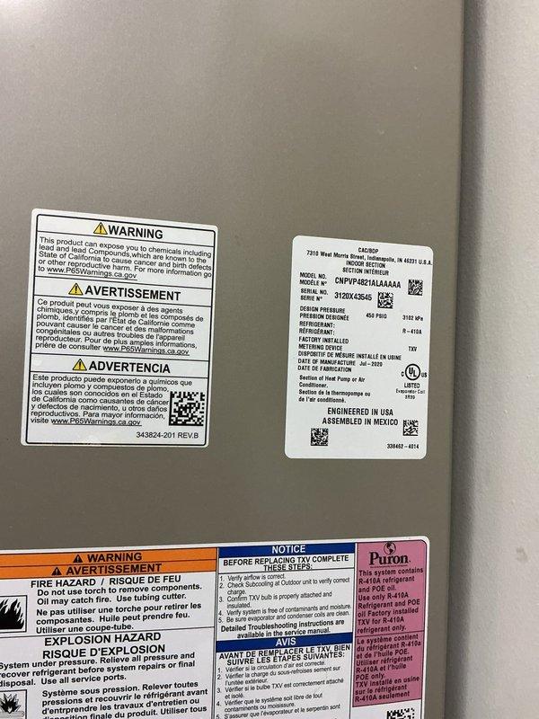 # HVAC Maintenance Agreement Service Completed

Performed scheduled commercial HVAC maintenance agreement service on Bryant Plus 90 furnace system with air handler/evaporator coil unit located on main floor. Conducted comprehensive inspection of all system components including furnace, air handler, condensate drainage system, and associated controls. Verified proper operation of equipment, documented system specifications from manufacturer labels (Model: CNPVP4821LA6AAA), and captured photographic documentation of equipment condition and warning labels for service records. System operational and in good working order upon completion of maintenance visit.