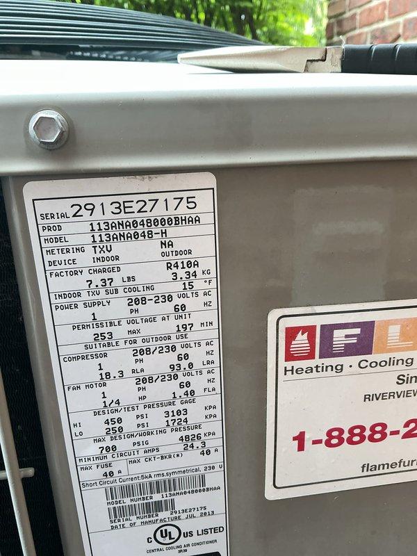 Completed comprehensive Gold AC inspection and preventative maintenance on outdoor condensing unit. Performed full system evaluation including refrigerant charge verification (R410A system operating at proper levels), electrical component testing, compressor amperage readings, and fan motor operation check. Cleaned condenser coils, inspected all electrical connections for proper tightness and signs of wear, verified proper airflow through louvers and fan assembly, and confirmed unit specifications against manufacturer nameplate data. All components found operating within normal parameters. System ready for cooling season operation.