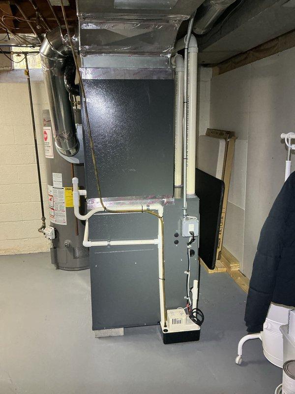 Completed comprehensive tune-up inspection on 4-year-old Daikin furnace system located in basement mechanical room. Performed full system evaluation including thermostat functionality check, humidifier inspection with specific attention to tubing line showing black discoloration from humidifier to ceiling joist, and hot water tank assessment. All safety controls, venting, and operational parameters verified during standard maintenance protocol.