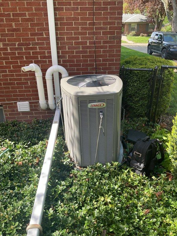 Completed annual Gold AC maintenance inspection on Lennox air conditioning system under prepaid contract. Performed comprehensive system checkup including exterior unit examination, refrigerant level verification, electrical connection testing, and condenser coil assessment. Inspected and documented 16x25x4 HDX Allergen Plus air filter with service date marking, confirming proper filtration system operation. Discussed thermostat upgrade options with customer per their request. All components operating within normal parameters with no immediate repairs required.