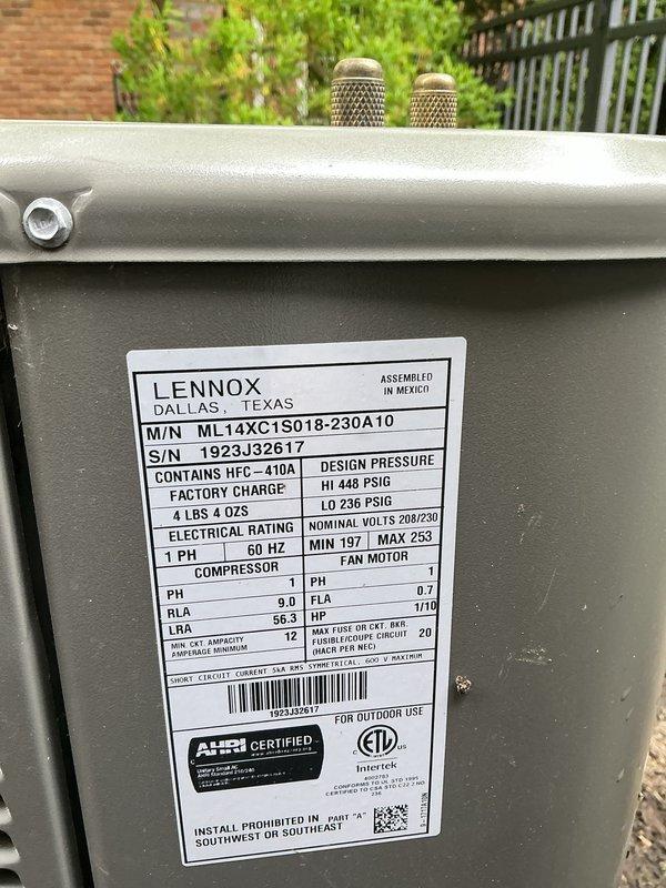 Completed comprehensive Gold AC inspection on 2-year-old Lennox ML14XC1S018 air conditioning system with basement-located furnace. Verified operational status of both AC units, inspected outdoor condensing unit for proper airflow and clearances, documented equipment specifications including HFC-410A refrigerant charge and electrical ratings, and confirmed furnace functionality. Advised customer to maintain clear area around condenser free of debris and animal waste for optimal system performance.