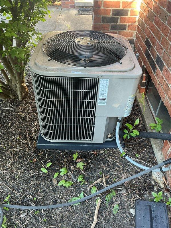 Completed comprehensive Gold AC inspection on an 8-year-old residential cooling system with air handler located in basement. Performed thorough evaluation of outdoor condensing unit positioned on concrete pad adjacent to building exterior. Inspected condenser coil, fan operation, refrigerant lines, and electrical connections. Documented equipment condition through photographic records showing unit situated in mulched landscaping area with surrounding vegetation. Advised customer on proper clearance requirements around condenser unit, emphasizing the need to maintain debris-free zone and remove any animal waste from vicinity to ensure optimal airflow and system performance. Verified all safety controls and operational parameters within manufacturer specifications. Customer renewed Gold Plan maintenance agreement during this visit.