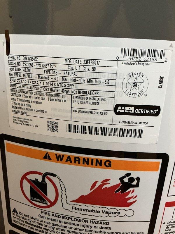 # Plumbing Service - Tanked Water Heater

Responded to service call for 50-gallon power vent water heater experiencing no hot water production. Unit was a 2017 manufactured tank, approximately 7 years old, installed in 2019, and currently out of warranty. Upon arrival, confirmed no visible leaks or external damage to the unit.

Performed comprehensive diagnostic evaluation of the water heater system. Inspected electrical connections at the GFCI outlet and verified proper power supply to the unit. Examined the power vent system components and verified proper operation. Checked the gas supply line connections and pressure specifications, noting the unit's 22,000 BTU input rating per manufacturer specifications. Evaluated the tank's Category III venting system for proper installation and clearances.

Assessed the control board, thermostat settings, and safety mechanisms including the thermal cutoff switches. Verified compliance with flammable vapor ignition resistance requirements as indi