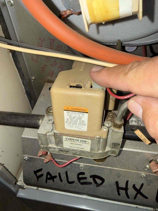 Performed city certification inspection on 24-year-old HVAC system located in basement. Inspection included comprehensive evaluation of furnace components, gas valve assembly, humidifier, thermostat, and hot water tank. Identified and documented failed heat exchanger, which was marked on unit per safety protocols; system requires immediate attention due to safety concerns associated with compromised heat exchanger integrity.