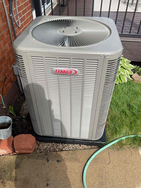 Completed annual tune-up and preventive maintenance on residential Lennox air conditioning system. Performed comprehensive inspection of outdoor condensing unit, noting significant dirt and debris accumulation on condenser coils which was affecting system efficiency. Cleaned condenser coils thoroughly to restore proper airflow and heat transfer capability. Verified proper operation of compressor, condenser fan motor, and all electrical components. Inspected refrigerant lines for leaks and proper insulation. System tested and confirmed operating within manufacturer specifications following service completion.