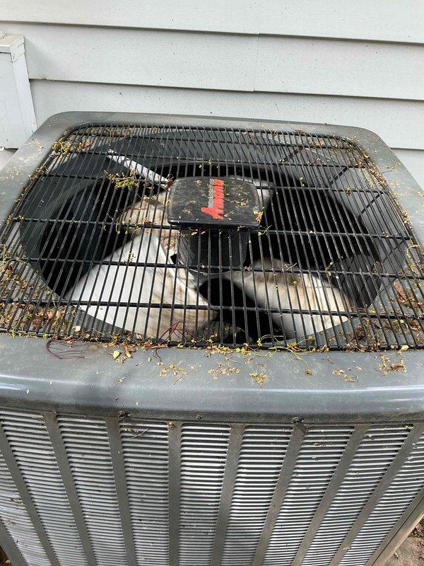 Performed comprehensive tune-up on five-year-old outdoor air conditioning system. Upon arrival, found condenser unit with significant debris accumulation on top grille, including dried leaves, plant material, and organic growth concentrated around protective cage edges and between grille bars. Removed all debris from top grille and fan assembly, cleaned condenser coils and exterior housing, inspected fan blades and motor assembly for proper operation, and verified all ventilation pathways were clear of obstructions. Unit showed normal weathering consistent with age and outdoor exposure. Completed standard maintenance procedures including checking refrigerant levels, testing electrical connections, inspecting capacitor and contactor, measuring amperage draw, and verifying proper airflow through condenser coils. System operational and running within manufacturer specifications upon completion.