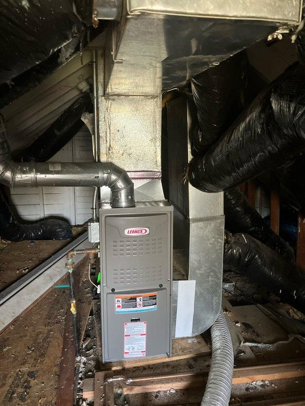 Provided estimate for complete air conditioning system installation at property currently equipped with Lennox furnace only. Assessed existing crawl space installation with furnace in good condition but no cooling capability present. Evaluated ductwork infrastructure, gas lines, and electrical service to determine requirements for new AC unit installation that would integrate with existing heating system.