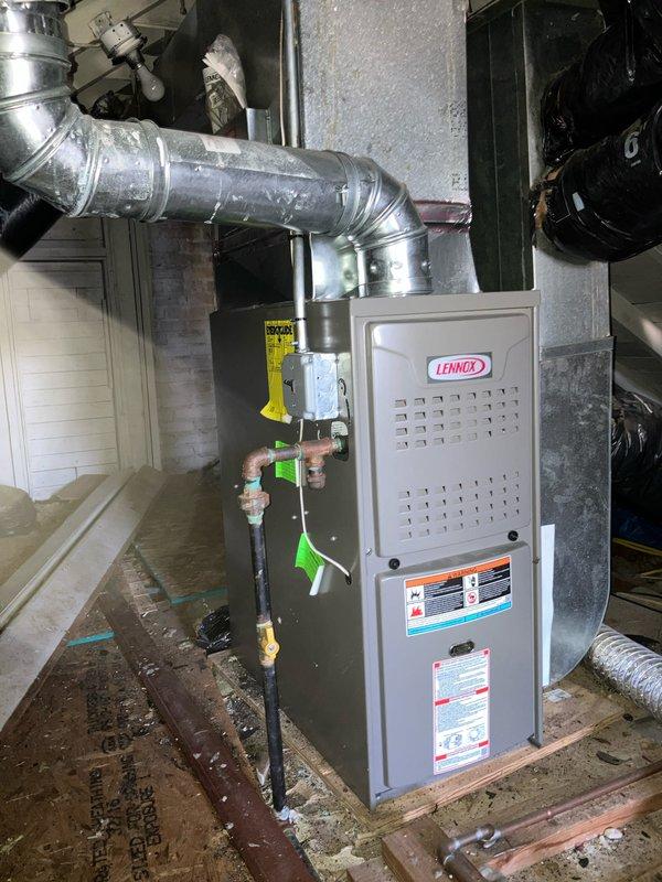 Provided estimate for complete air conditioning system installation at property currently equipped with Lennox furnace only. Assessed existing crawl space installation with furnace in good condition but no cooling capability present. Evaluated ductwork infrastructure, gas lines, and electrical service to determine requirements for new AC unit installation that would integrate with existing heating system.