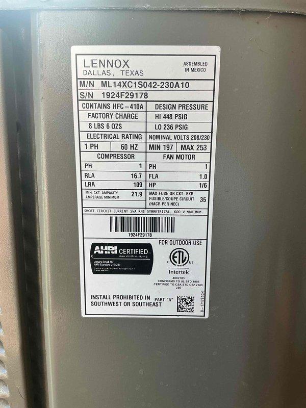 Completed routine pre-season inspection on a 3-year-old Lennox ML14XC1S042 outdoor condensing unit containing R-410A refrigerant. Unit was visually inspected and found in good operational condition with no visible damage, debris accumulation, or refrigerant leaks. All exterior components including fan guard, louvers, and manufacturer data plate were intact and legible. System confirmed ready for cooling season operation.