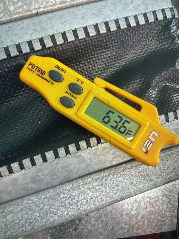 Performed AC system startup and diagnostics on HVAC unit. Measured evaporator coil temperature at 63.6°F and verified proper amperage draw of 3.80 amps using clamp meter. Provided replacement air filter for unit as requested to ensure optimal airflow and system efficiency.