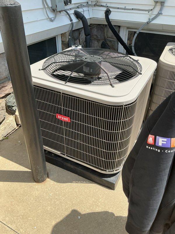 Performed commercial preventive maintenance inspection on two air conditioning systems with coils located in attic and basement areas. Conducted comprehensive system diagnostics on Bryant condenser unit using Testo 550s digital manifold gauge, recording refrigerant pressures and temperatures to verify proper system operation and charge levels. Both units found operational and functioning within manufacturer specifications at time of inspection.