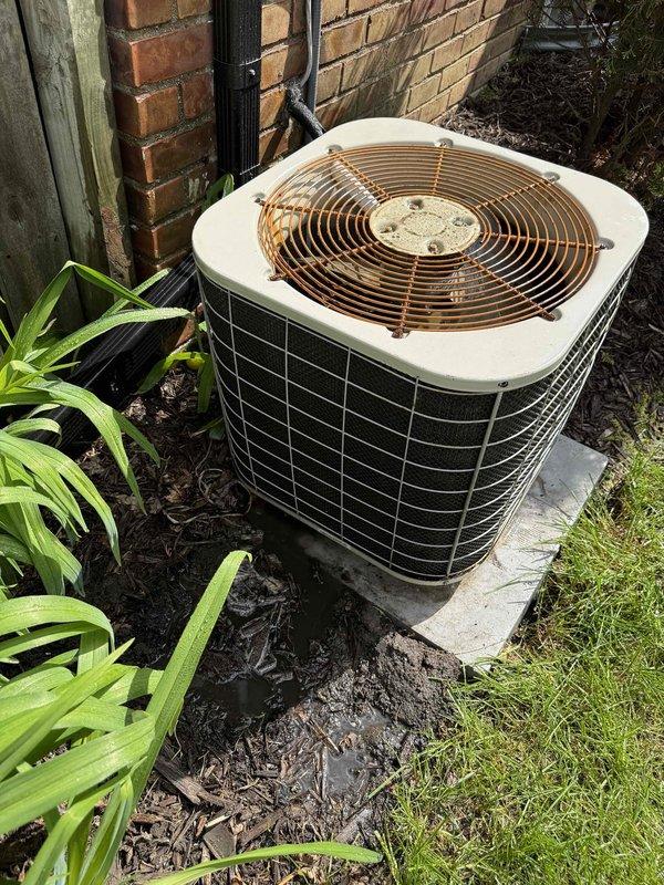 Performed comprehensive AC tune-up on 20-year-old outdoor condenser unit. Conducted visual inspection of exterior components noting significant rust and corrosion on fan guard, utilized borescope camera to inspect internal ductwork and refrigerant lines, verified system operational status. Unit showed age-related wear but maintained functionality with no immediate issues requiring repair at time of service.