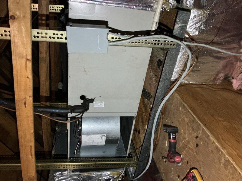 Completed installation of Sensi thermostat for HVAC system. Accessed attic air handler unit and outdoor condensing unit to verify proper system compatibility and wiring configuration. Successfully installed and programmed new Sensi thermostat, ensuring proper communication with existing HVAC equipment. Verified all electrical connections at both indoor and outdoor units to confirm safe integration with new thermostat controls. System tested and operating within normal parameters upon completion.