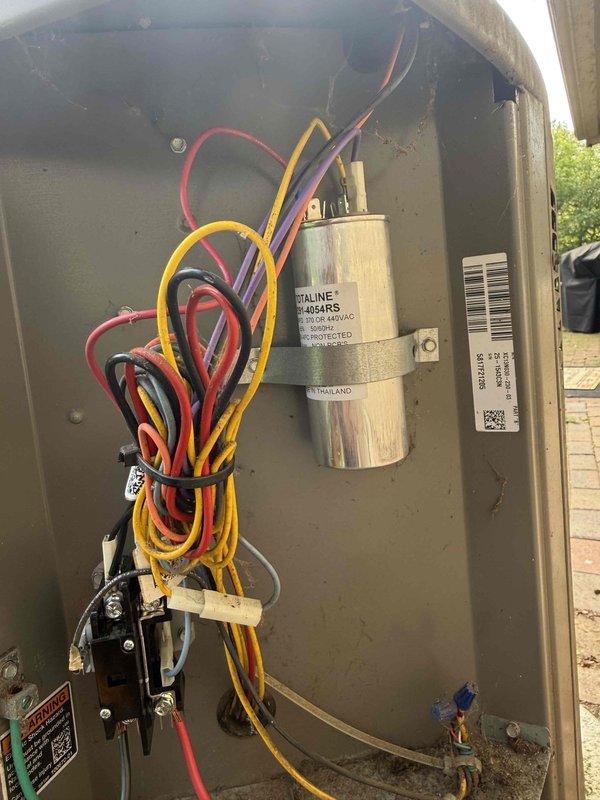 Completed Gold Furnace Inspection on first-floor unit. Replaced failed HVAC capacitor with new Totaline P291-4054RS model due to visible corrosion and deterioration on terminals. Verified all electrical connections, secured wiring bundles, and confirmed proper operation of contactor and control panel components upon system startup.