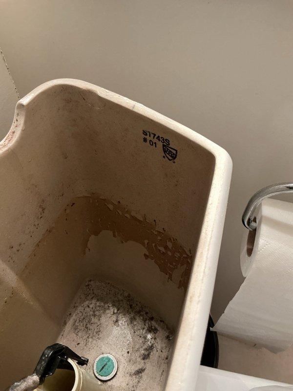 Responded to residential plumbing service call addressing multiple fixtures in 20-year-old home. Inspected basement toilet with reported float/parts malfunction; removed tank lid and assessed fill valve assembly, flapper mechanism, and internal components showing mineral deposits and wear consistent with age. Photographed tank interior documenting condition of fill valve with red adjustment cap, flush valve assembly, and water supply connections. Identified staining and sediment buildup throughout tank indicating hard water exposure. Evaluated upstairs bathroom sink with intermittent dripping issue for minor repair requirements. Assessed outdoor hose faucet where hose connection was stuck and required specialized removal tool for service. Provided technical recommendations for necessary repairs and component replacements based on inspection findings.