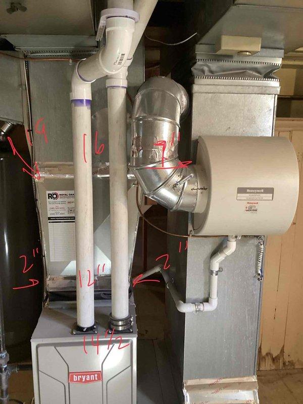 Completed estimate for air conditioning system installation at unoccupied rental property with no existing AC unit. Assessed basement mechanical room containing 2-3 year old Bryant natural gas furnace with Honeywell humidifier and existing ductwork infrastructure. Provided replacement estimate options for new central air conditioning system to integrate with current forced air heating system and utilize existing supply/return duct network.