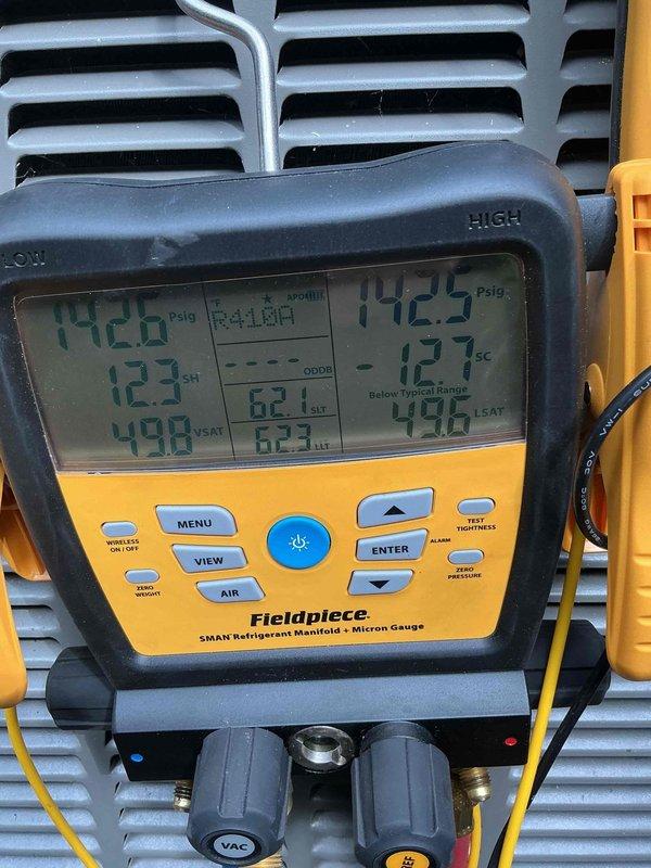 Completed comprehensive Gold AC inspection on 2-year-old system with basement coil location. Performed refrigerant analysis using manifold gauges, recording operating pressures of 142.6 psig and 142.3 psig with superheat at 12.3°F and subcooling at 12.7°F, indicating proper system charge and performance. Conducted leak detection testing and verified all system parameters within manufacturer specifications. High pressure switch requires replacement and will be installed upon arrival from shop on Monday.