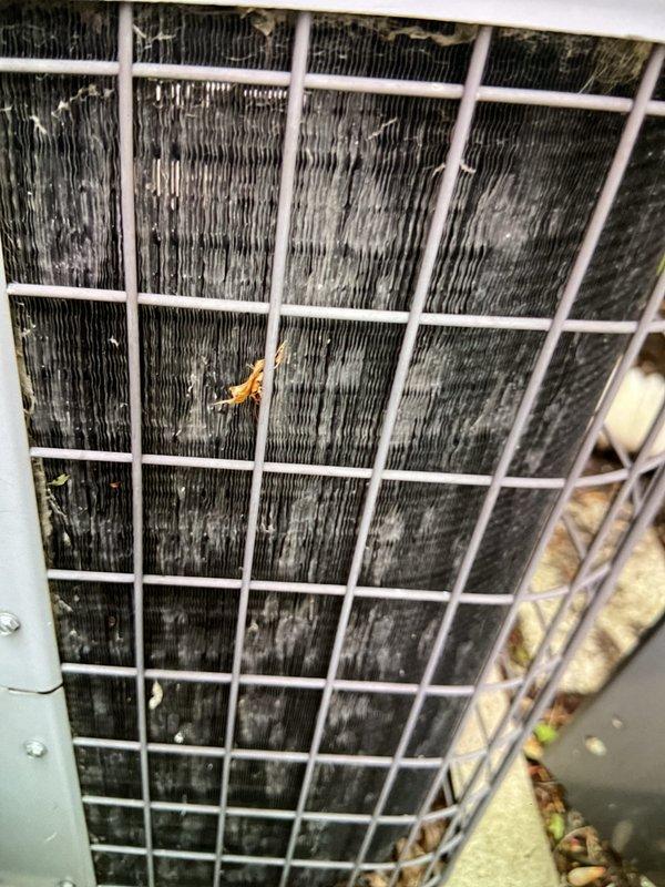 Completed Gold AC Inspection on 25-year-old residential air conditioning system with basement-located air handler. Upon arrival, performed comprehensive visual assessment of outdoor condenser unit, which revealed substantial accumulation of dirt, dust, and debris on cooling fins and heat exchanger surfaces, indicating extended period without maintenance. Condenser coils displayed heavy contamination with darkened, grayish-black appearance throughout visible fin surface area. Noted organic debris including dried leaves and twigs accumulated around unit base and caught in protective metal grille. Documented unit condition through photographic inspection, capturing extent of environmental contamination affecting heat transfer efficiency. Verified equipment operational status with homeowner prior to inspection. Explained weather-dependent inspection protocols regarding temperature and precipitation limitations for optimal assessment conditions. Unit protected by white metal cage grille in 