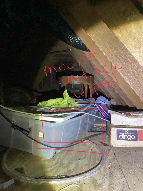 Inspected existing whole-house dehumidifier installed in attic and identified improper installation issues. Unit was incorrectly mounted with inadequate clearance and improper ductwork connections, compromising system efficiency and serviceability. Documented current installation conditions with photographs showing equipment placement, electrical connections, and duct configuration. Prepared comprehensive estimate for complete dehumidifier replacement with proper installation specifications including correct mounting location, appropriate electrical service, condensate drainage, and integration with existing HVAC ductwork system.