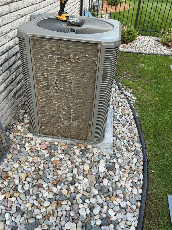 Performed scheduled maintenance on a 22kW Honeywell residential standby generator, 4 years old, as part of the Generator Maintenance Plan. Conducted comprehensive inspection of generator system including visual examination of exterior components, verification of operational status, and standard preventive maintenance procedures. Equipment confirmed to be in working condition prior to service. Documented existing cosmetic wear on associated outdoor HVAC equipment including rust staining and paint deterioration on condenser unit exterior panels, though this did not affect generator maintenance scope. Completed all required maintenance tasks per manufacturer specifications and plan requirements, with system verified operational upon completion.