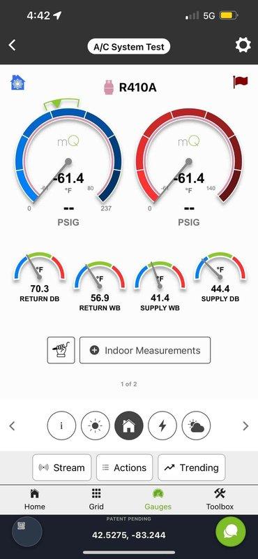 Completed comprehensive Gold AC inspection on 12-year-old single-zone air conditioning system with basement-located air handler. System was operational at time of service. Performed full diagnostic evaluation using digital instrumentation to verify proper system performance. Measured supply air temperature at 45.3°F at register, confirming adequate cooling output. Conducted refrigerant system analysis using manifold gauges, recording system pressures of -61.4 PSIG on both high and low sides for R410A refrigerant. Documented temperature differentials with return dry bulb at 70.3°F, return wet bulb at 56.9°F, supply dry bulb at 44.4°F, and supply wet bulb at 41.4°F, indicating proper heat exchange and dehumidification. All measurements fall within acceptable operating parameters for residential cooling equipment. System demonstrated normal operation with no deficiencies identified during inspection.