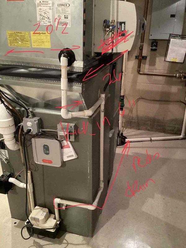 Conducted comprehensive HVAC system evaluation for air conditioning replacement estimate at residential property with failed outdoor fan motor and R22 refrigerant system. Inspected existing basement-located furnace and air handler configuration, documented current equipment specifications including Lennox unit with associated ductwork, PVC condensate drainage, humidifier controls, and return air setup. Provided homeowner with replacement options and technical recommendations for upgrading from obsolete R22 system to modern, efficient equipment.