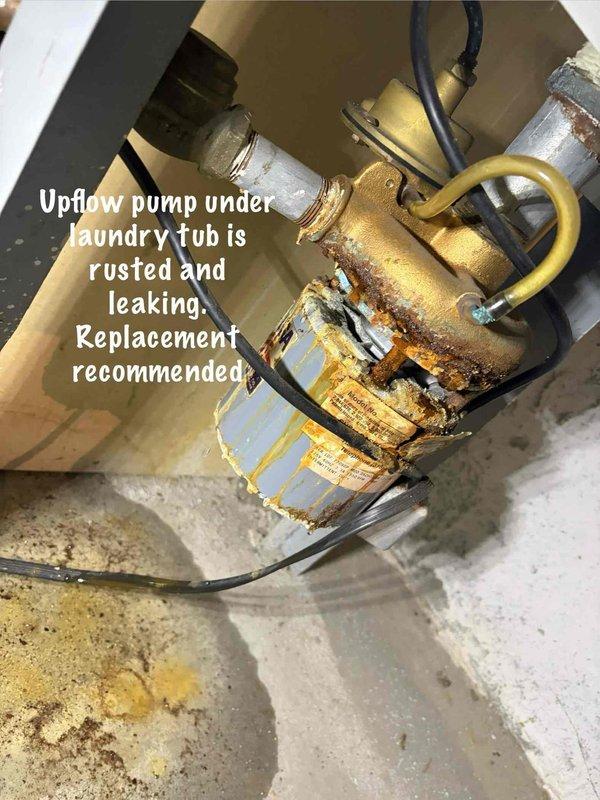 Completed comprehensive Gold Plan AC tune-up on 10-year-old air conditioning system located in basement. Performed full system inspection including exterior disconnect box at unit location and condensate pump assembly beneath laundry tub. Noted significant rust and corrosion on condensate pump casing with visible water staining on floor surrounding unit, indicating potential pump deterioration and need for future replacement monitoring. Verified electrical disconnect box operational and properly labeled. System operational at time of inspection with all standard maintenance procedures completed per Gold Plan specifications.