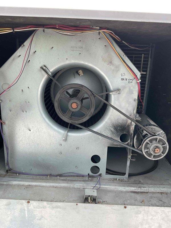 Completed commercial HVAC maintenance agreement service on two rooftop units, including filter replacement with materials picked up from supply house under specified purchase order. Performed comprehensive inspection of RTU components including blower motor assembly, belt drive system, and fan wheel operation, documenting equipment condition with photos. Renewed commercial maintenance agreement on-site per customer request.