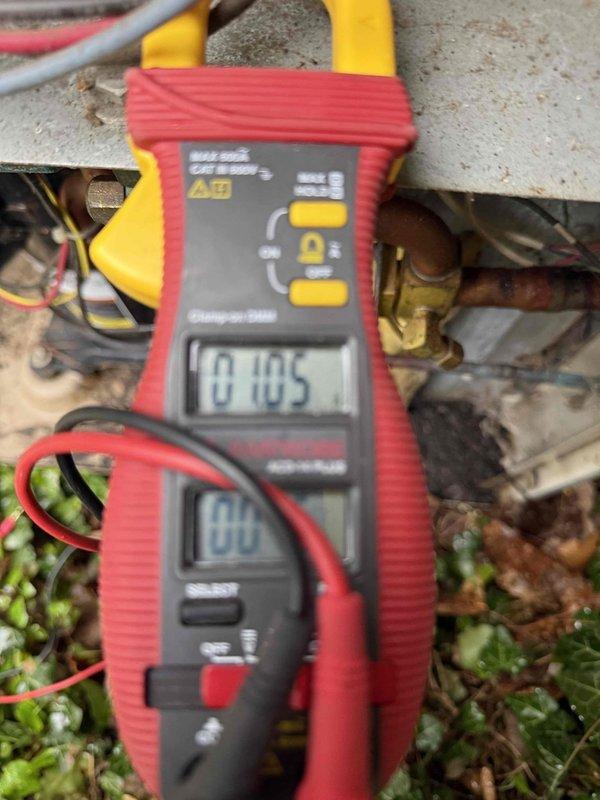 Completed comprehensive Gold AC inspection on 10+ year old system with air handler located in basement. Performed electrical diagnostics on outdoor condenser unit using multimeter to verify proper voltage and amperage readings, inspected and documented condition of 16x25x1 air filter, examined copper refrigerant lines and brass fittings for leaks or damage, and assessed overall system operation. Addressed customer inquiry regarding furnace door specifications and confirmed all components functioning within normal parameters.
