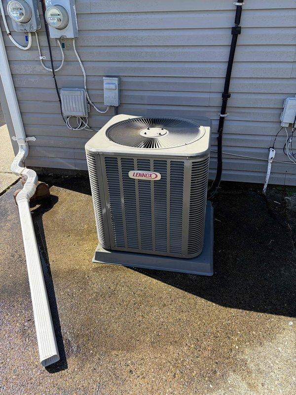 Completed Gold AC inspection on single Lennox air conditioning system with air handler located in first floor utility closet and condenser unit positioned on exterior pad. Performed comprehensive system evaluation including electrical voltage testing, which confirmed proper operation at 244.8 VAC. Inspected condenser unit components, verified clearances around outdoor unit, examined refrigerant lines, electrical connections, and disconnect box. All equipment found operating within normal parameters with no immediate service concerns identified.