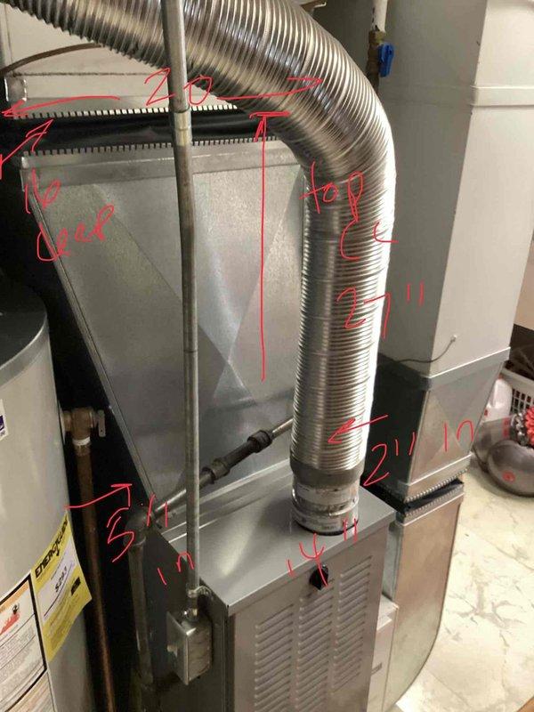 Provided estimate for complete HVAC system replacement in basement location. Current air conditioning unit is non-operational and existing equipment is over 10 years old. System operates on natural gas fuel. Documented existing installation including furnace unit, ductwork configurations, and current system measurements for proper equipment sizing and replacement planning.