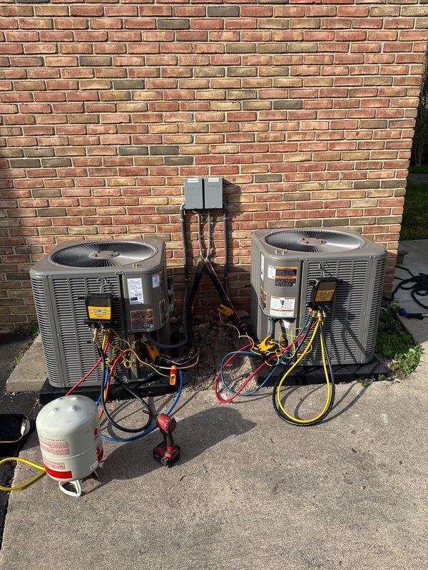 Completed installation of new air conditioning condenser unit and evaporator coil on second floor system. Installed outdoor condenser on concrete pad adjacent to existing unit, established refrigerant lines, connected electrical service with disconnect box mounted to exterior wall, evacuated system, and charged with proper refrigerant to manufacturer specifications. System tested and operational with proper airflow and temperature differential confirmed.