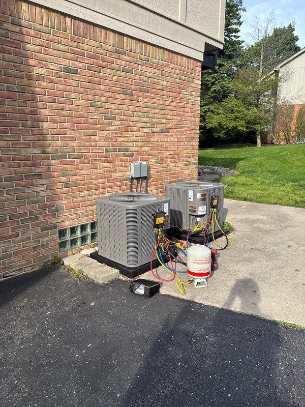 Completed installation of new air conditioning condenser unit and evaporator coil on second floor system. Installed outdoor condenser on concrete pad adjacent to existing unit, established refrigerant lines, connected electrical service with disconnect box mounted to exterior wall, evacuated system, and charged with proper refrigerant to manufacturer specifications. System tested and operational with proper airflow and temperature differential confirmed.