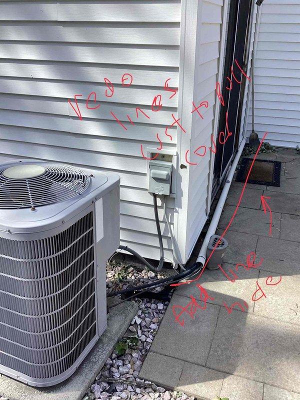 Responded to service call for air conditioning system producing warm air following storm-related power outage. Upon inspection of 8-year-old AC unit, identified multiple issues including outdoor fan motor pulling high amperage, compromised refrigerant lineset installation requiring correction, and history of low refrigerant charge previously addressed. Provided comprehensive estimate for complete system replacement due to age of equipment, recurring component failures including previous capacitor replacement, and improper lineset routing requiring elevation and repositioning. Documented existing installation deficiencies and recommended full system upgrade to ensure reliable cooling performance and proper installation standards.