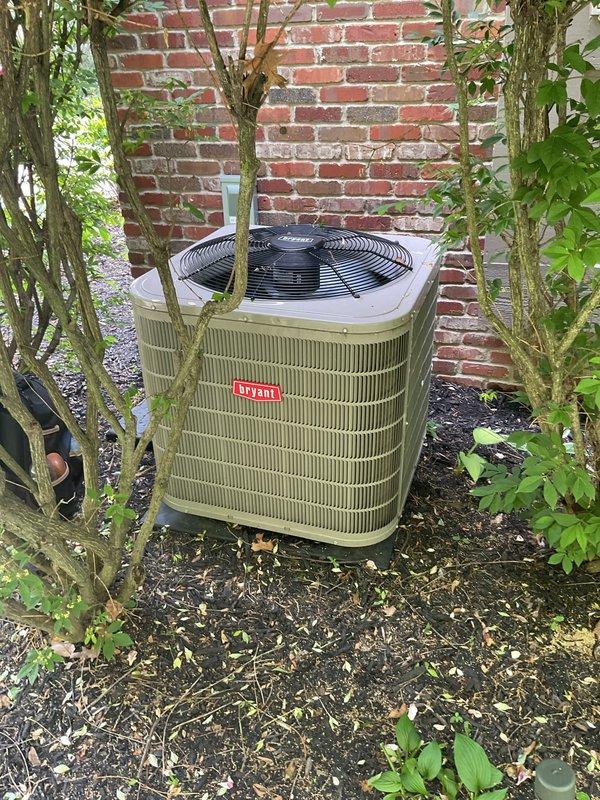 Completed comprehensive Gold AC Inspection on Bryant condensing unit less than 10 years old with air handler located in basement. System confirmed operational and performing within normal parameters. Advised customer that vegetation and landscaping around outdoor condenser unit should be trimmed back to maintain proper clearance for adequate airflow and prevent potential efficiency issues. Documented equipment condition with photographs of exterior condenser unit and interior air handling components.