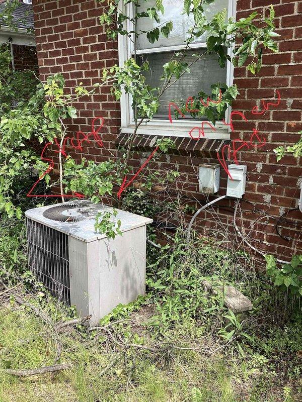 Provided comprehensive estimate for complete HVAC system replacement at residential property with no existing AC unit in place. Assessment included outdoor condenser location at exterior brick wall with overgrown vegetation requiring clearance, and basement-mounted air handler/furnace system utilizing natural gas fuel source. Customer expressed interest in financing options for the proposed equipment installation.