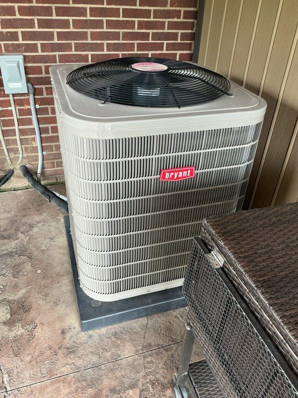 Completed comprehensive Gold AC Inspection on a 7-year-old Bryant air conditioning system. Performed routine maintenance including visual inspection of outdoor condenser unit, checked refrigerant lines and electrical connections, verified proper operation of condenser fan, inspected coil fins for damage or debris accumulation, and documented system condition with photographs. Unit operational and in good working condition with no immediate repairs required.