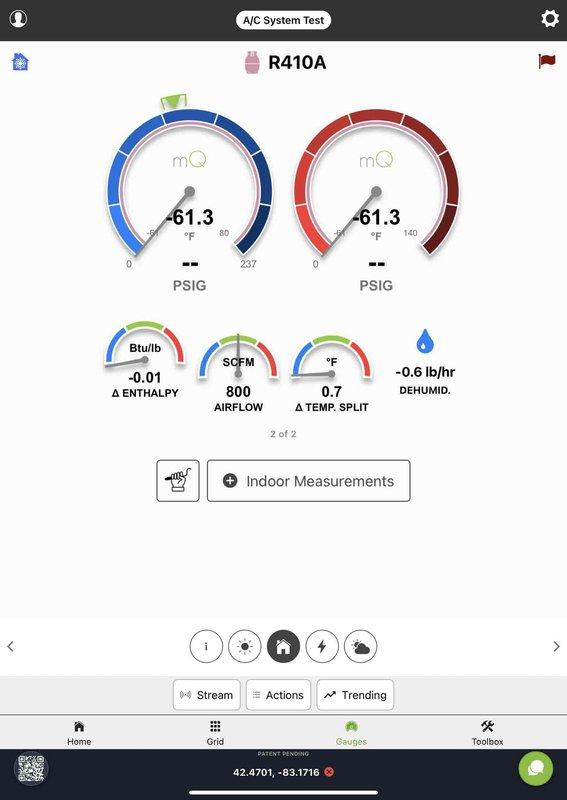 Responded to service call for 6-year-old AC unit continuously running without reaching setpoint temperature. Performed comprehensive system diagnostics using digital manifold gauges and airflow measurements on R410A system. Testing revealed critically low refrigerant charge with suction and liquid line pressures both reading -61.3 PSIG, indicating significant refrigerant loss. System showed minimal temperature split of 0.7°F across evaporator coil and negative dehumidification capacity, confirming insufficient refrigerant for proper operation. Located and inspected refrigerant lines at outdoor unit, noting copper-to-PVC transition points and insulated sections. System requires refrigerant leak detection, repair of leak source, evacuation, and proper recharge to manufacturer specifications to restore cooling capacity and prevent compressor damage from continued operation in low-charge condition.