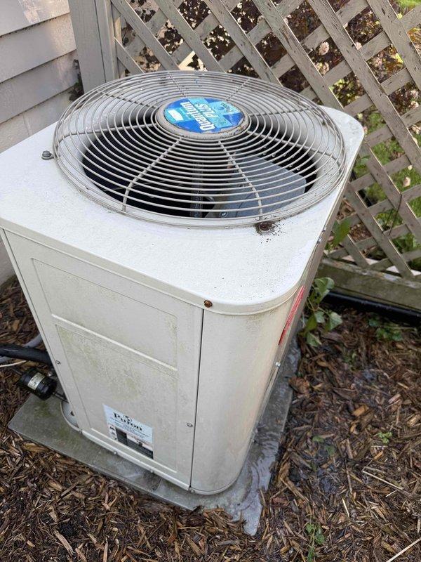 Completed prepaid maintenance visit on 15-year-old air conditioning system with outdoor condenser unit and basement evaporator coil. Inspected outdoor condenser unit, which showed normal weathering and surface dirt accumulation consistent with age; verified fan operation and checked refrigerant levels. Examined basement mechanical components including motorized damper assembly and associated ductwork connections. System operational at time of service with no immediate repairs required.