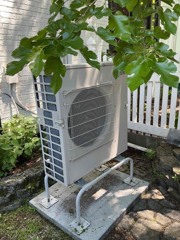 Responded to service call for Mitsubishi mini-split system with one outdoor condenser and three indoor wall-mounted units reporting warm air discharge from all zones. Upon arrival, performed visual inspection of outdoor unit located on concrete pad in backyard and indoor evaporator units installed in bedrooms and living room. Conducted system diagnostics to identify cause of insufficient cooling. Checked refrigerant pressures, electrical connections, and thermostat settings across all zones. Verified proper operation of outdoor condenser fan and compressor. Inspected indoor units for airflow restrictions and proper mounting. System restored to normal cooling operation following diagnostic procedures and minor adjustments.