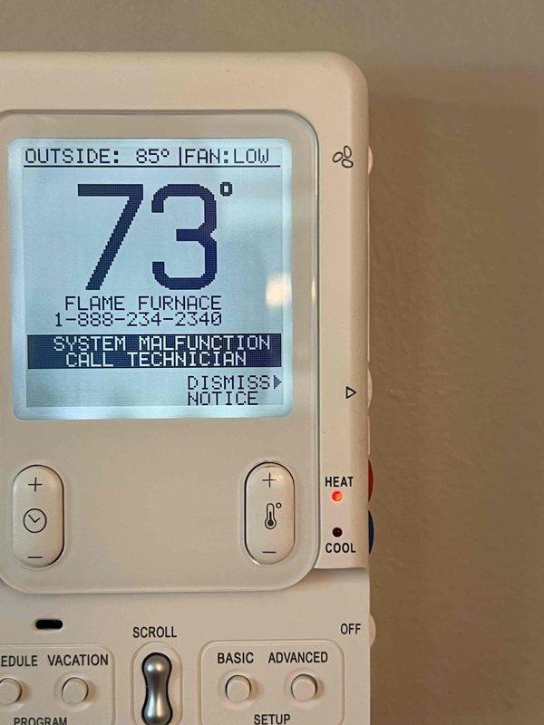 Completed comprehensive Gold AC inspection on 10+ year old single-unit system with air handler located in basement. Performed full system diagnostics using Fieldpiece instrumentation, measuring R-410A refrigerant pressures at 103.5 psig low side and 283.8 psig high side. System operating with 12.3°F superheat (target 8.5°F) and 13.0°F subcooling (target 10.0°F), indicating slightly elevated superheat conditions. Recorded temperature differentials with low temp at 45.5°F and high temp at 79.1°F. Noted thermostat displaying system malfunction alert requiring attention. Unit currently operational per homeowner confirmation. Documented all findings with diagnostic readings and equipment photos for maintenance records.