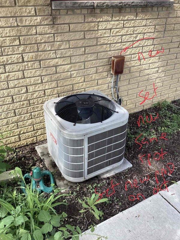 Conducted comprehensive evaluation of residential HVAC system for replacement estimate. System consists of outdoor condensing unit and basement-located air handler/coil assembly, both exceeding 10 years of service life. Documented existing Emerson digital thermostat and outdoor cylindrical condenser unit configuration. Assessed equipment condition, operational status, and site preparation requirements including utility markings present on property. Provided detailed replacement recommendations and equipment specifications for complete system upgrade.
