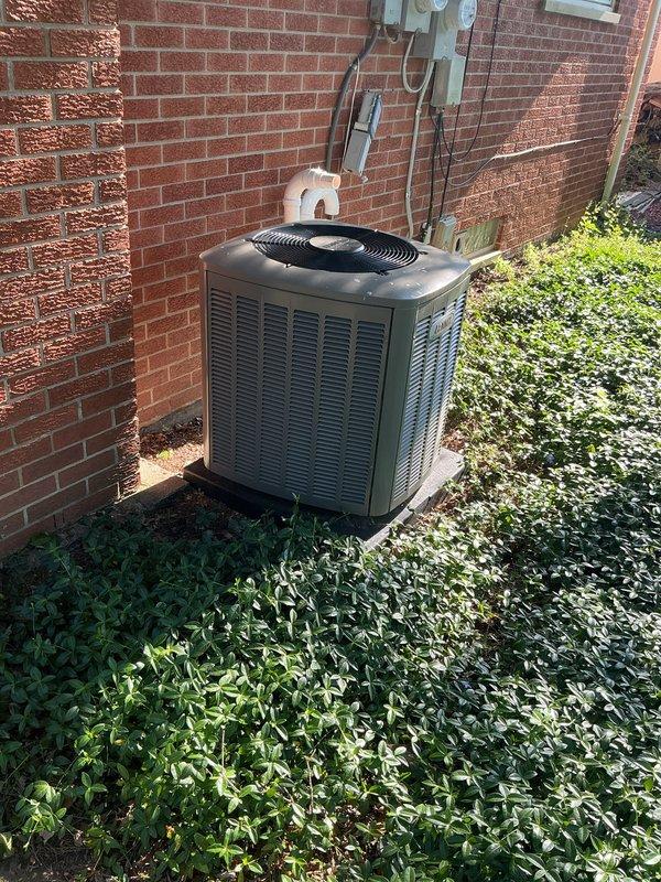 Completed comprehensive Gold AC inspection on a one-year-old residential air conditioning system with outdoor condenser unit and basement-located air handler. Performed thorough multi-point evaluation of the operational split system, which was confirmed to be in working condition prior to service. Inspected condenser unit mounted on concrete pad against exterior brick wall, examining fan operation, louver condition, and electrical disconnect box connections. Verified proper refrigerant line installation and electrical conduit routing from wall-mounted disconnect to unit. Assessed air handler components located in basement area. Documented equipment condition through photographic records showing condenser positioning, surrounding landscape clearance with ground cover vegetation, and overall system installation. Confirmed system operational status and completed all required inspection points per Gold maintenance protocol standards.