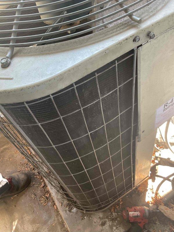 Completed comprehensive inspection and maintenance on six HVAC units consisting of three furnaces and three air conditioning condensers located on main floor, upper level, and roof access areas. Inspected condenser coils which showed moderate dust and debris accumulation on heat exchanger fins, noted corrosion present on refrigerant line fittings and copper piping requiring monitoring. All units photographed and documented for certification requirements, with equipment found operational at time of inspection.