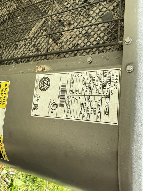 Responded to no-cooling complaint on Lennox model 23M-12 air conditioning system. Upon arrival, found refrigerant line had been severed to outdoor condenser unit. Inspected damaged copper line and assessed extent of repair needed. Measured electrical parameters at condenser, recording 6.75 amp draw to verify compressor operation capability once refrigerant circuit restored. Documented equipment condition and line damage with photographic evidence for property management and repair authorization.