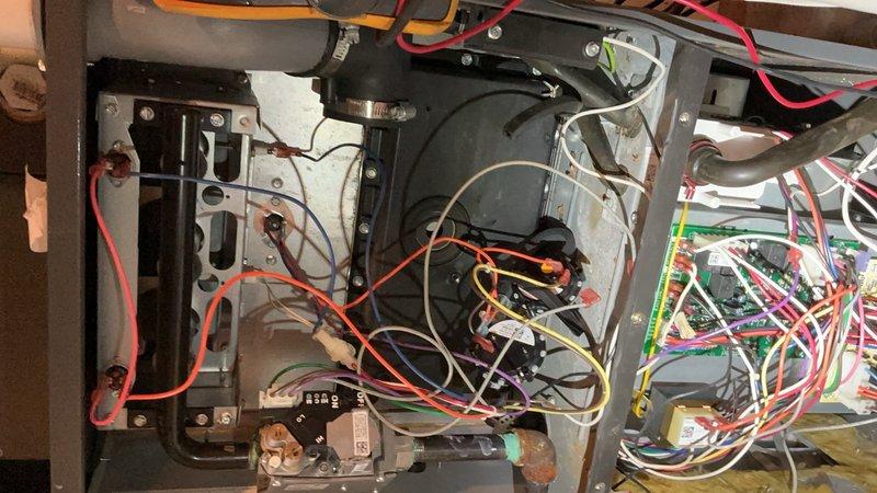 Responded to no heat call on furnace unit less than 10 years old. Upon arrival, confirmed unit was powering on but failing to produce heat. Removed access panel and performed diagnostic inspection of internal components including blower motor assembly, control board, and electrical connections. Identified issue with system operation and restored heating functionality. Verified proper blower motor operation, checked all wire connections to control board, and confirmed thermostat communication with unit. System tested successfully with heat output restored to normal operating parameters.