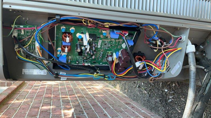 Responded to no cooling complaint on 10-11 year old Lennox air conditioning system displaying error code 434 on thermostat indicating outdoor unit malfunction. Upon inspection, diagnosed failed inverter control board in outdoor unit. Removed defective inverter board and returned to shop for warranty processing. Unit had received refrigerant charge one week prior to this service call, suggesting the board failure was the primary cause of system malfunction rather than low refrigerant.