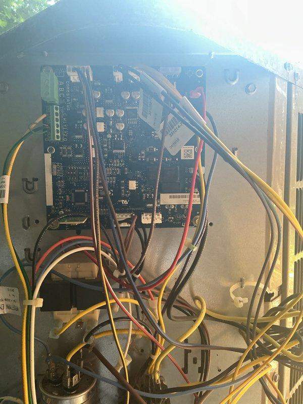 Diagnosed failed control board and defective thermistor on HVAC unit. Ordered replacement control board and thermistor for installation upon arrival at shop. Documented existing wiring configuration and system components including capacitor and heat exchanger coils to ensure proper reassembly during repair completion.